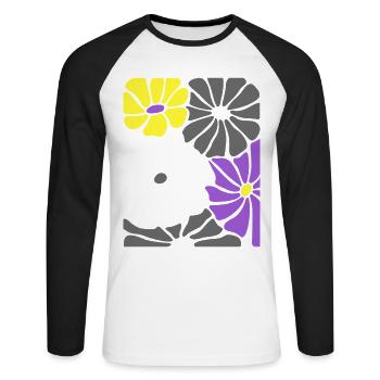 Nonbinary Pride Retro Blumen mit Enby Flag Farben - Unisex Baseballshirt langarm - Weiß/Schwarz - Vorne - Nik (191cm)