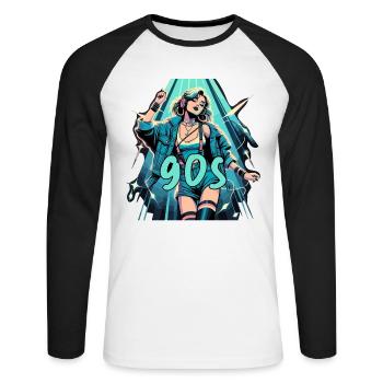 Frau tanzt Tanzen 90er Retro Disco Disko Geschenk - Unisex Baseballshirt langarm - Weiß/Schwarz - Vorne - Nik (191cm)
