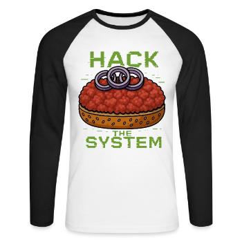 Hack the System – Mettbrötchen Shirt - Gourmett - Unisex Baseballshirt langarm - Weiß/Schwarz - Vorne - Nik (191cm)