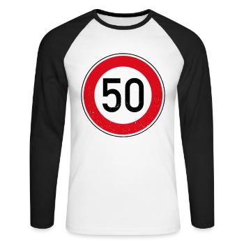 Panneau 50ème Anniversaire Limite de Vitesse Cadeau Tempo 50 - T-shirt baseball manches longues Homme - blanc/noir - Devant - Nik (191cm)