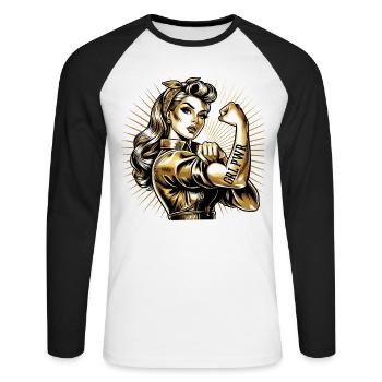 Strong Woman GRL PWR Rockabilly Gold Gift - Unisex Long Sleeve Baseball T-Shirt - white/black - Front - Nik (191cm)
