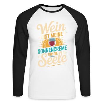 Wein als Sonnencreme der Seele - Unisex Baseballshirt langarm - Weiß/Schwarz - Vorne - Nik (191cm)