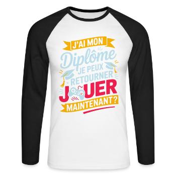 Ich habe mein Diplom, ich kann wieder Gamer spielen - Unisex Baseballshirt langarm - Weiß/Schwarz - Vorne - Nik (191cm)