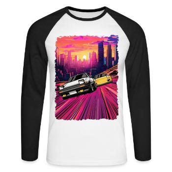 Neon City Car Chase Illustration - Unisex Long Sleeve Baseball T-Shirt - white/black - Front - Nik (191cm)