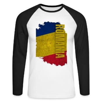 Drapeau de la Roumanie vertical, Maître Roumanie - T-shirt baseball manches longues Homme - blanc/noir - Devant - Nik (191cm)