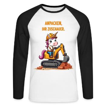 Einhorn Baggermeister - Unisex Baseballshirt langarm - Weiß/Schwarz - Vorne - Nik (191cm)