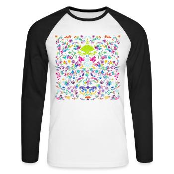 Bunte Tier- und Pflanzen Otomi Ornament - Unisex Baseballshirt langarm - Weiß/Schwarz - Vorne - Nik (191cm)