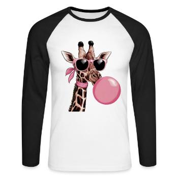 Lustige rosa Giraffe mit Brille und Blase - Unisex Baseballshirt langarm - Weiß/Schwarz - Vorne - Nik (191cm)
