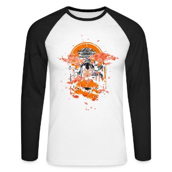Geisha avec temple des cerisiers en fleurs - T-shirt baseball manches longues Homme - blanc/noir - Devant - Nik (191cm)