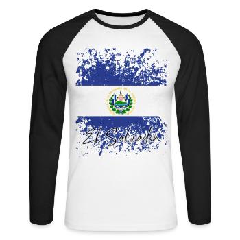 Drapeau grunge salvadorien, j’adore El Salvador - T-shirt baseball manches longues Homme - blanc/noir - Devant - Nik (191cm)