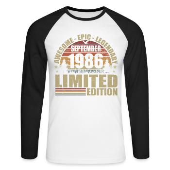 1986 septembre 1986 Anniversaire septembre 1986 - T-shirt baseball manches longues Homme - blanc/noir - Devant - Nik (191cm)