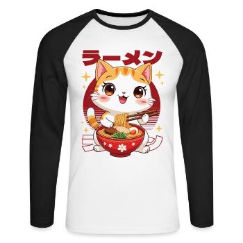 Chaton avec des ramen dans le style kawaii - T-shirt baseball manches longues Homme - blanc/noir - Devant - Nik (191cm)