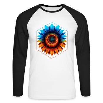 Tournesol bleu et or, orange vibrant - T-shirt baseball manches longues Homme - blanc/noir - Devant - Nik (191cm)