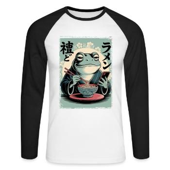 Funny frog, grumpy, Japanese art, ramen - Unisex Long Sleeve Baseball T-Shirt - white/black - Front - Nik (191cm)