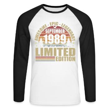 1989 septembre 1989 Anniversaire septembre 1989 - T-shirt baseball manches longues Homme - blanc/noir - Devant - Nik (191cm)