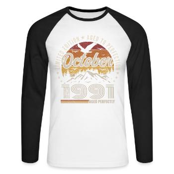 Octobre 1991 Cadeau Anniversaire - Octobre 1991 - T-shirt baseball manches longues Homme - blanc/noir - Devant - Nik (191cm)