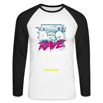 RAVE DAnce harder - Unisex Baseballshirt langarm - Weiß/Schwarz - Vorne - Nik (191cm)