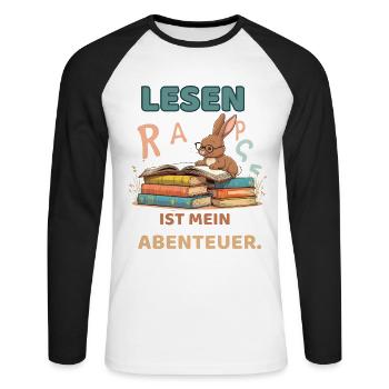 Leseabenteuer mit Häschen - Unisex Baseballshirt langarm - Weiß/Schwarz - Vorne - Nik (191cm)