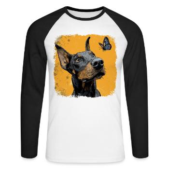 Funny Doberman and Butterfly on Orange - Unisex Long Sleeve Baseball T-Shirt - white/black - Front - Nik (191cm)