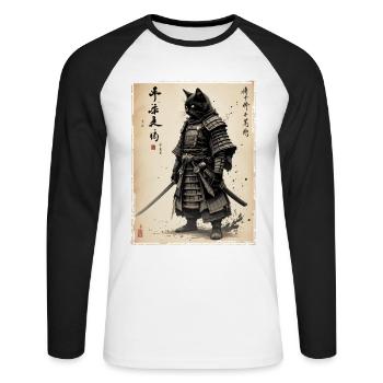 Samurai Katze, Japanischer Krieger & Kämpfer - Unisex Baseballshirt langarm - Weiß/Schwarz - Vorne - Nik (191cm)