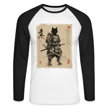 Chat samouraï, guerrier et combattant japonais - T-shirt baseball manches longues Homme - blanc/noir - Devant - Nik (191cm)