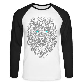 Silberne Löwe mit blauen Augen und Blattmuster - Unisex Baseballshirt langarm - Weiß/Schwarz - Vorne - Nik (191cm)