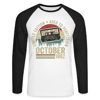 Vintage October 1992 Birthday Gift October - Unisex Long Sleeve Baseball T-Shirt - white/black - Front - Nik (191cm)