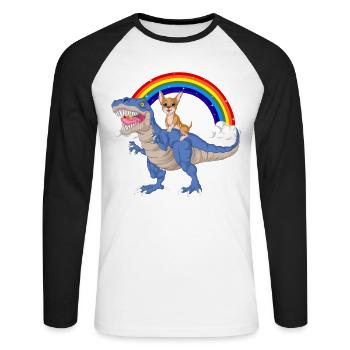 Niedlicher Chihuahua Reiten Dinosaurier Regenbogen Karikatur - Unisex Baseballshirt langarm - Weiß/Schwarz - Vorne - Nik (191cm)