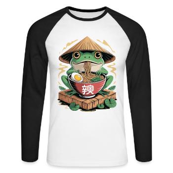 Cheerful ramen frog with rice straw hat and - Unisex Long Sleeve Baseball T-Shirt - white/black - Front - Nik (191cm)
