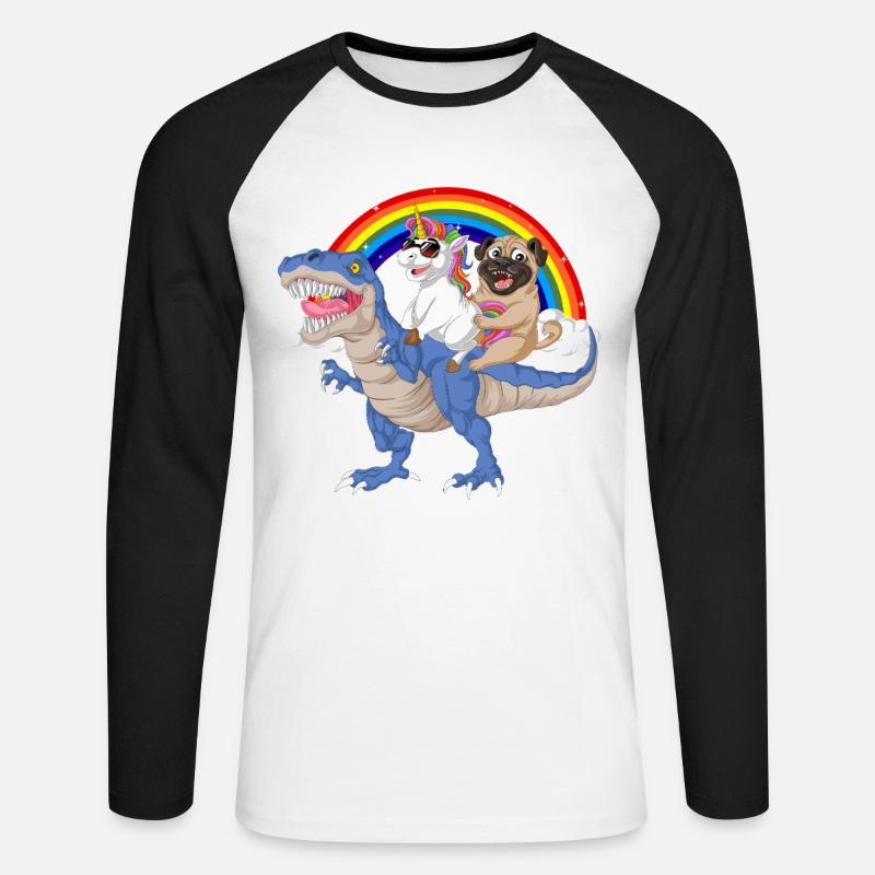 Regenbogen-Dinosaurier mit Einhorn und Mopsfahrt - Unisex Baseballshirt langarm - Weiß/Schwarz