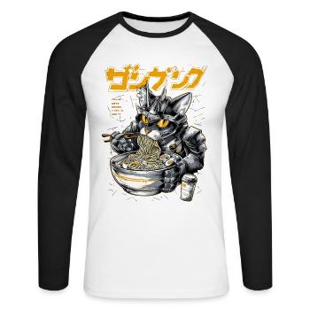 Cyber cat eating ramen - Unisex Long Sleeve Baseball T-Shirt - white/black - Front - Nik (191cm)