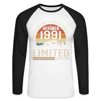 Né en octobre 1991 - cadeau millésime Octobre 1991 - T-shirt baseball manches longues Homme - blanc/noir - Devant - Nik (191cm)