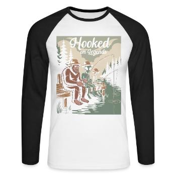 Humorous fishing design with Bigfoot, aliens etc. - Unisex Long Sleeve Baseball T-Shirt - white/black - Front - Nik (191cm)