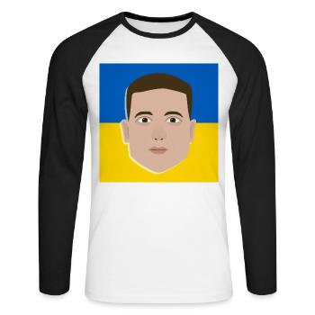 Volodymyr Zelensky on Ukrainian flag - Unisex Long Sleeve Baseball T-Shirt - white/black - Front - Nik (191cm)