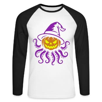 Octopumpkin - Gruseliger Kürbis mit Tentakeln - Unisex Baseballshirt langarm - Weiß/Schwarz - Vorne - Nik (191cm)