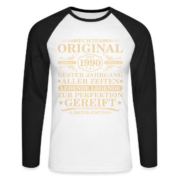 Original since 1990 - 35th birthday - Unisex Long Sleeve Baseball T-Shirt - white/black - Front - Nik (191cm)
