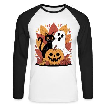 Ghost Pumpkin Cat Cute Halloween Autumn - Unisex Long Sleeve Baseball T-Shirt - white/black - Front - Nik (191cm)