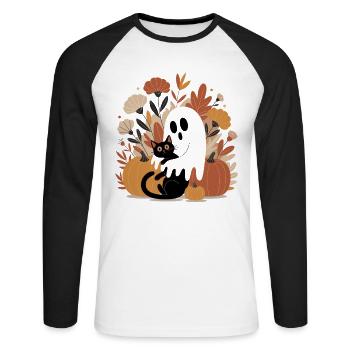 Ghost Pumpkin Cat Cute Halloween Autumn - Unisex Long Sleeve Baseball T-Shirt - white/black - Front - Nik (191cm)