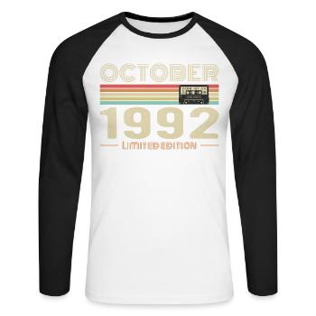 Anniversaire octobre 1992 - Birthday october 1992 - T-shirt baseball manches longues Homme - blanc/noir - Devant - Nik (191cm)