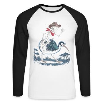 Knochen-Skelett auf Kiwi mit Cowboyhut - Unisex Baseballshirt langarm - Weiß/Schwarz - Vorne - Nik (191cm)