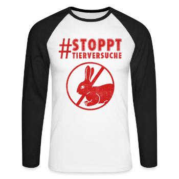 Animal welfare STOP ANIMAL TESTING FUNNY - Unisex Long Sleeve Baseball T-Shirt - white/black - Front - Nik (191cm)