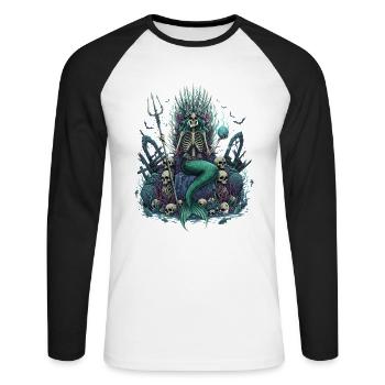 Skelett Meerjungfrau mit Totenköpfen - Unisex Baseballshirt langarm - Weiß/Schwarz - Vorne - Nik (191cm)
