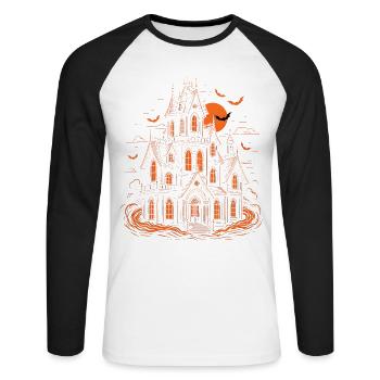 Maison hantée Chauves-souris Halloween Pleine Lune - T-shirt baseball manches longues Homme - blanc/noir - Devant - Nik (191cm)