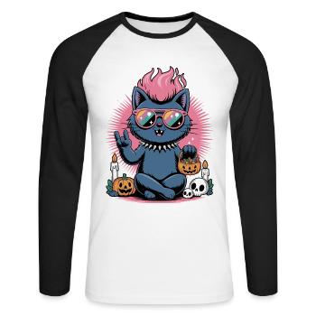 Neon Halloween Kater mit Kürbis-Szene - Unisex Baseballshirt langarm - Weiß/Schwarz - Vorne - Nik (191cm)