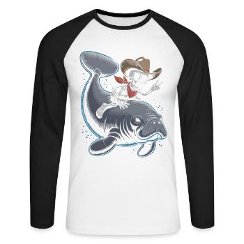 Skeleton cowboy riding manatee - Unisex Long Sleeve Baseball T-Shirt - white/black - Front - Nik (191cm)