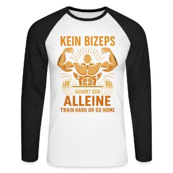 Bodybuilder Shirt Motivation Gym Sport Train Hard - Unisex Baseballshirt langarm - Weiß/Schwarz - Vorne - Nik (191cm)
