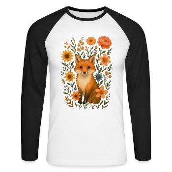 Fuchs mit Blumen Cottagecore - Unisex Baseballshirt langarm - Weiß/Schwarz - Vorne - Nik (191cm)