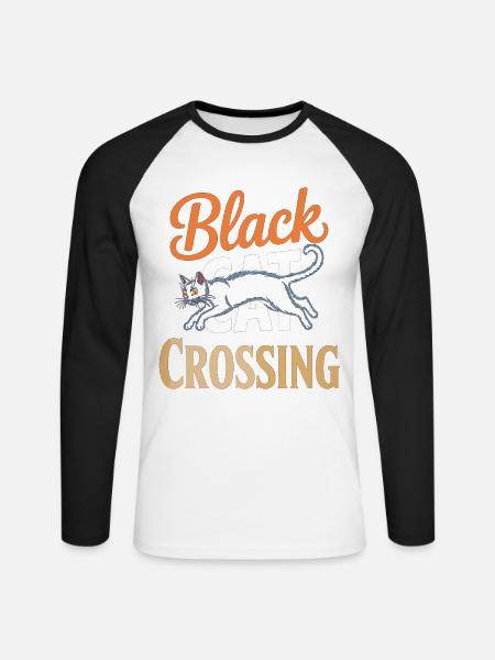 Black Cat Crossing Funny Halloween Shirt - Unisex Long Sleeve Baseball T-Shirt - white/black