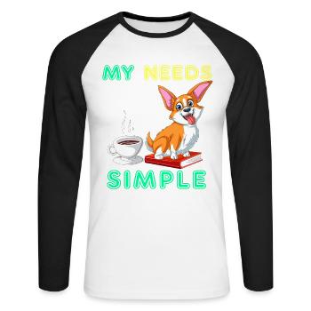 Mein Bedarf sind einfache Corgi-Bücher und Kaffee - Unisex Baseballshirt langarm - Weiß/Schwarz - Vorne - Nik (191cm)