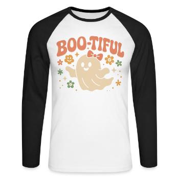 Motif d'Halloween avec un dicton drôle et mignon « Boo-tiful Ghost » - T-shirt baseball manches longues Homme - blanc/noir - Devant - Nik (191cm)